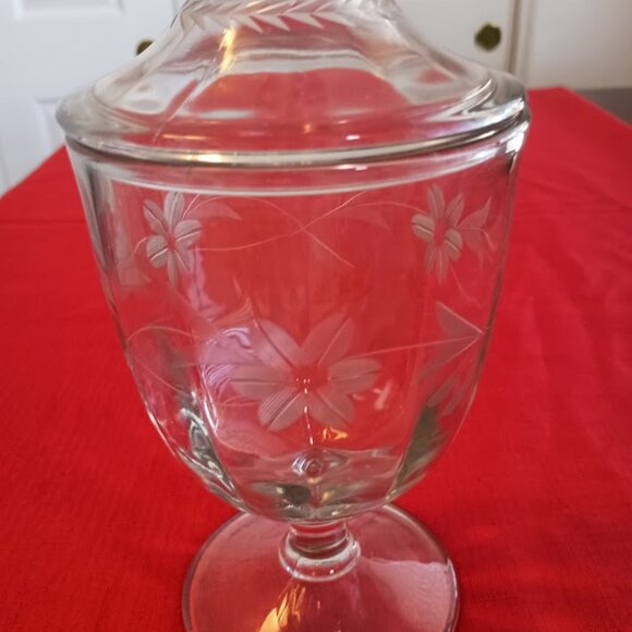 Etched, Floral Glass Footed Pedestal Covered Apothecary Candy Jar - Picture 2 of 7